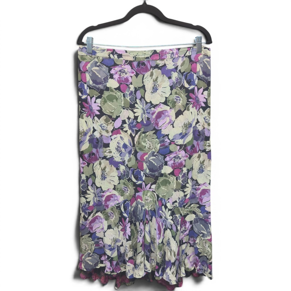 Sarah Arizona Reversible Floral Midi Skirt XL Purple Pink Rayon Godet Flared